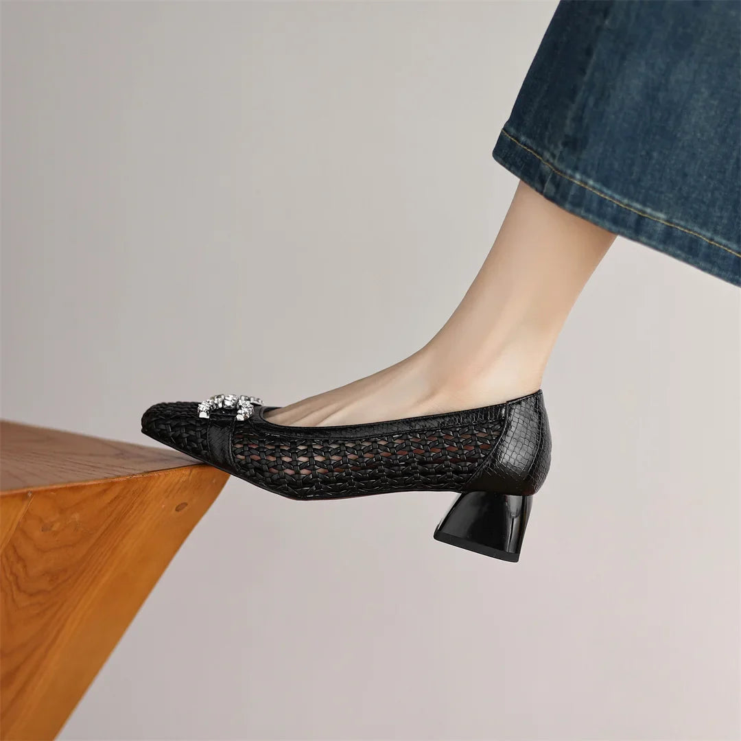 Women's genuine leather braided microfiber patchwork summer breathable pumps crystal buckle 4cm thick med heel daily dress shoes