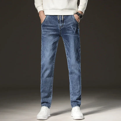 Warm Winter Jeans Men's Fleece Light Blue Slim Straight Denim Pants High Quality Thicken Velvet Elastic Comfort Casual Trousers