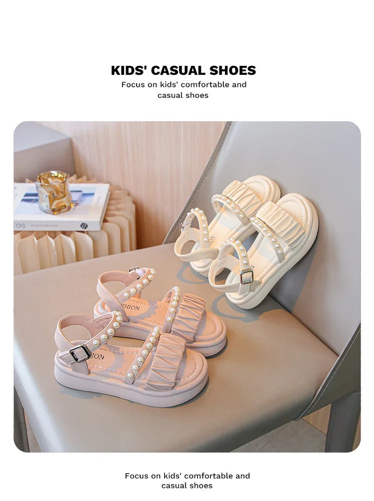 Girls Sandals Kids Summer Shoes Children's Beach Sandals with Pearls Princess Sweet Anti-slippery Open Toes Lace Chic Beading