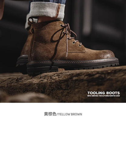 Men's Vintage Split Suede Boots Brown High-Top Work Boots Lace-Up Desert Ankle Rugged Sole Boots Outdoor Winter Fall Shoes