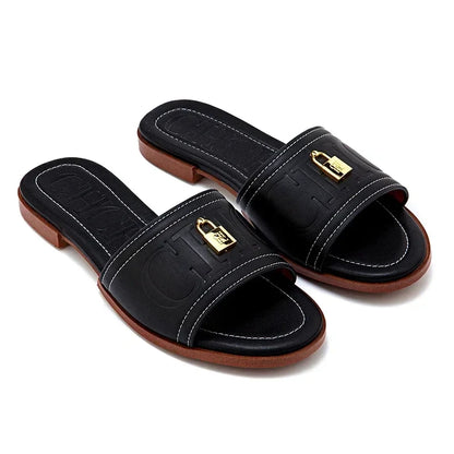 Fashion Monogram Print Elegant Design Women's Low Heeled Slippers Solid Color High Quality Metal Lock Simple Single Shoes