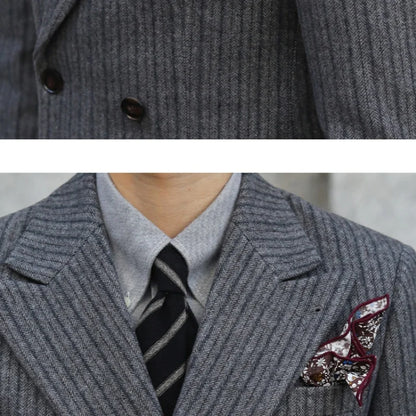 New Thick Style Stripes Herringbone Pattern Men's 2-Piece Suit Double-Breasted Slim Fit Jacket Trousers Vintage Braze Suit