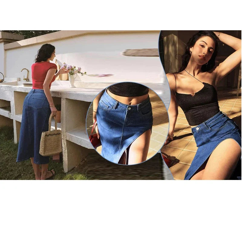 Women's Mid Rise Stretchy Denim Skirt Asymmetrical High Slit Midi Length Casual Streetwear for Summer & Party Outfits
