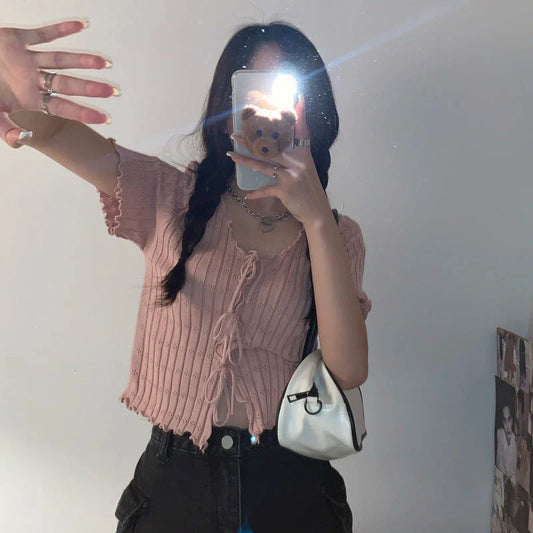 TShirt For Women V-neck Summer Simple Versatile Casual Crop Tops Bandage Ribbed Short Sleeve Women's Top T-Shirt Girl