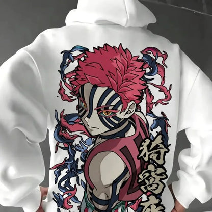 Harajuku Japan Anime Demon Slayer Men Women Hoodies Plus Size Sweatshirt Retro Akaza Pattern Unisex Long Sleeve Pullover