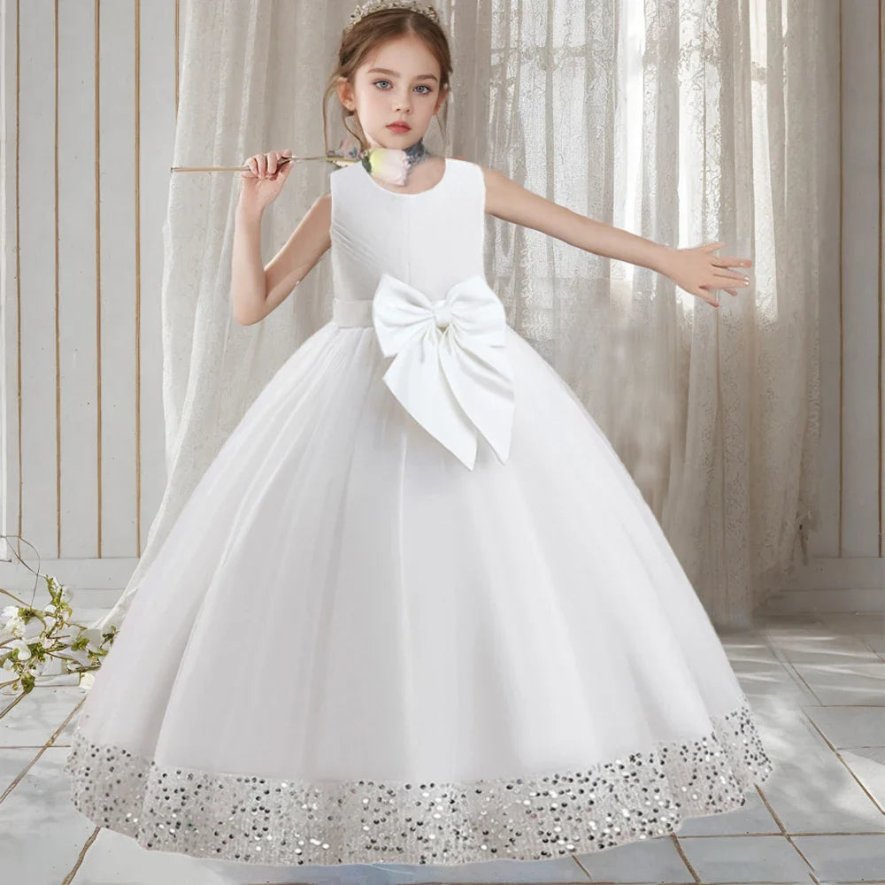 Teen Girls Luxury Big Bow Evening Gown Wedding Bridesmaid Party Dress For Girl Kids Sequin Princess Birthday Dresses Summer Wear