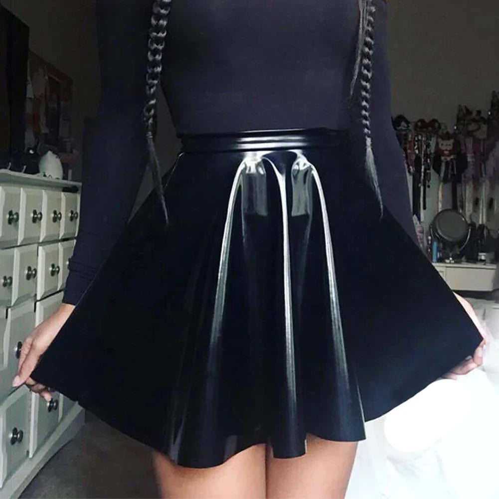 Women PVC Leather Skirt Pleated Short Skirt Flared A Line Skater Skirts Clubwear Dance Elastic Latex Mini Glossy Short Dress