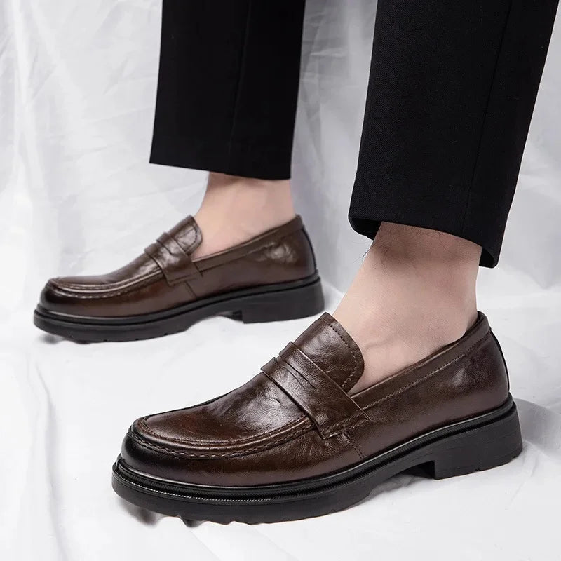 Men's Genuine Leather Casual Trendy Business Shoes Large Size 46 Code Debout Illetre Rubber Sole Added Height Fashionable Shoes