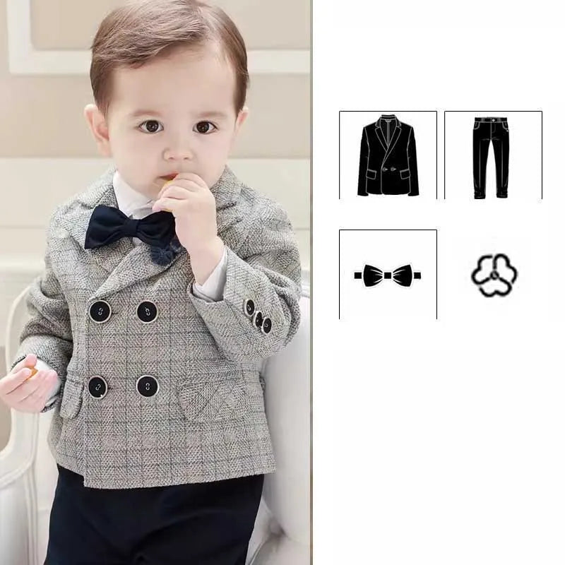 Children Photograph Suit Boys Jacket Pants Bowtie Flower 4PCS Wedding Suit NewBorn Kids Ceremony Party Tuxedo Dress Baby Costume