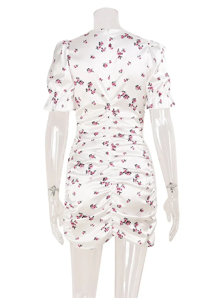 Puff Short Sleeve V Neck Prints Hip Wrap Women Dresses Sexy Club Sheath Fashion Female Bodycon Vestidos Robes Chic Slim