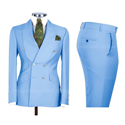 2 PCS Men's Smart Casual Solid Formal Tuxedo Suits with Shawl Lapel Double Breasted Jacket And Pants for Business And Wedding