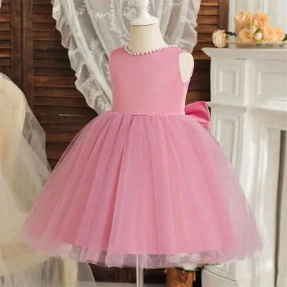 Princess Girl Bow Dress Kids Tulle Wedding Guest Party Birthday Pearls Elegant Bridesmaid Pageant Prom Ball Gown Gift