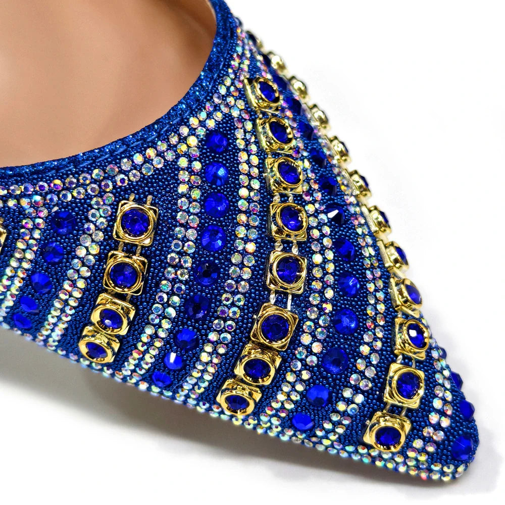 Women's Party Shoes & Bag Set – Elegant Golden Rhinestone Spring/Summer Sandals with Pointed High Heels