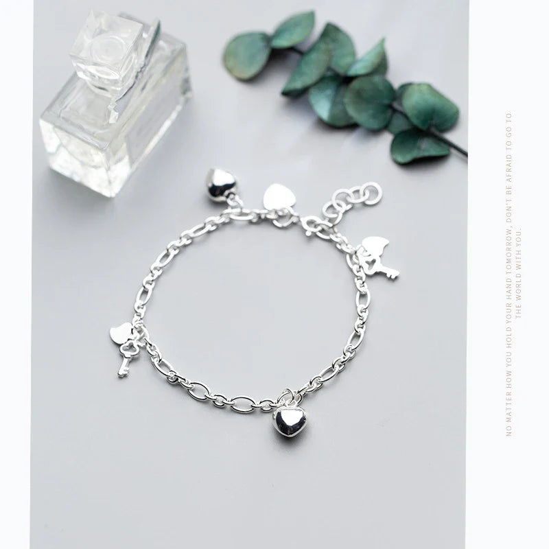 New 925 Sterling Silver Simple Hearts Key Charm Bracelet Bangle for Women Link Chain Korea Style Fine Jewelry Pulseira
