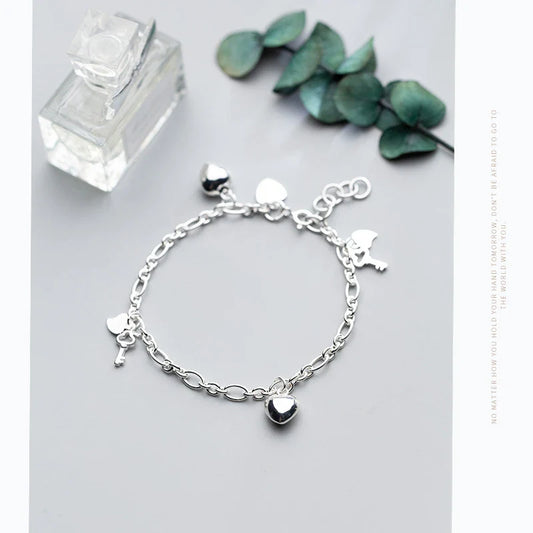 New 925 Sterling Silver Simple Hearts Key Charm Bracelet Bangle for Women Link Chain Korea Style Fine Jewelry Pulseira