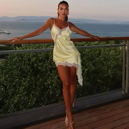 Lace Mini Spaghetti Strap Dress For Women Backless Slit Sexy Dress Evening Party Bodycon Female Elegant Dress High Waist