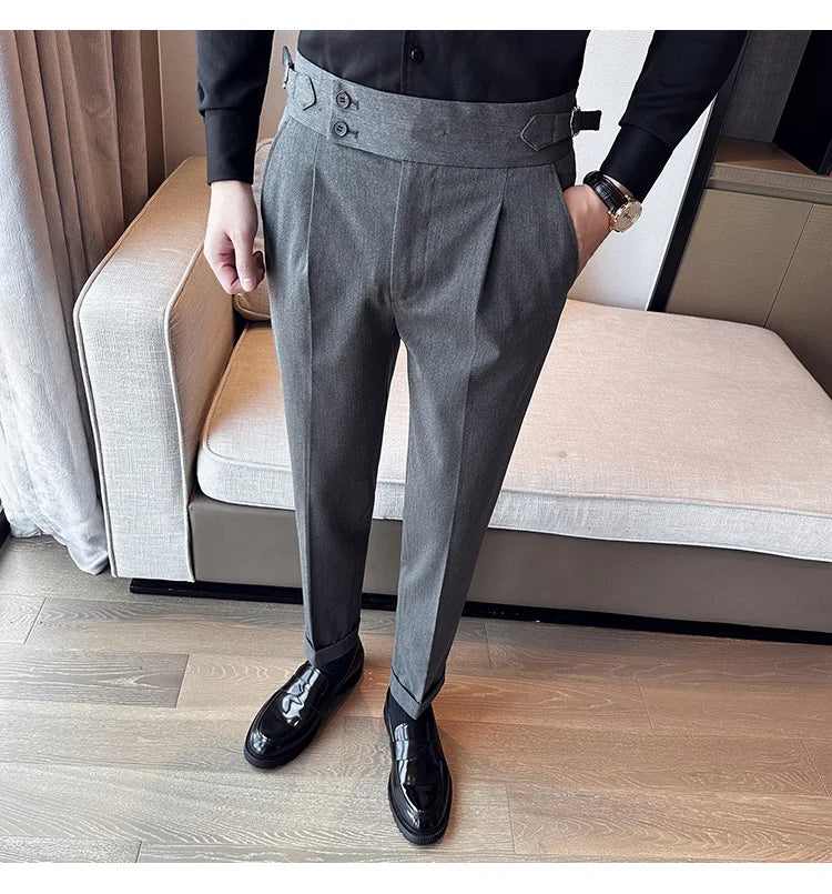 New Spring Autumn High Waist Smart Casual Dress Pants Men Belt Design Slim Suit Pants Formal Wedding Social Party Mens Trousers