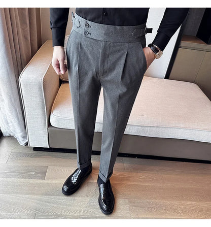 New Spring Autumn High Waist Smart Casual Dress Pants Men Belt Design Slim Suit Pants Formal Wedding Social Party Mens Trousers
