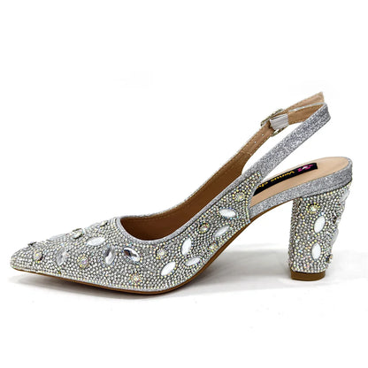 Conjunto Elegante de Sapatos e Bolsa Femininos Nigerianos de Bico Fino para Festa, Scarpins Luxuosos com Strass para Ocasiões Especiais