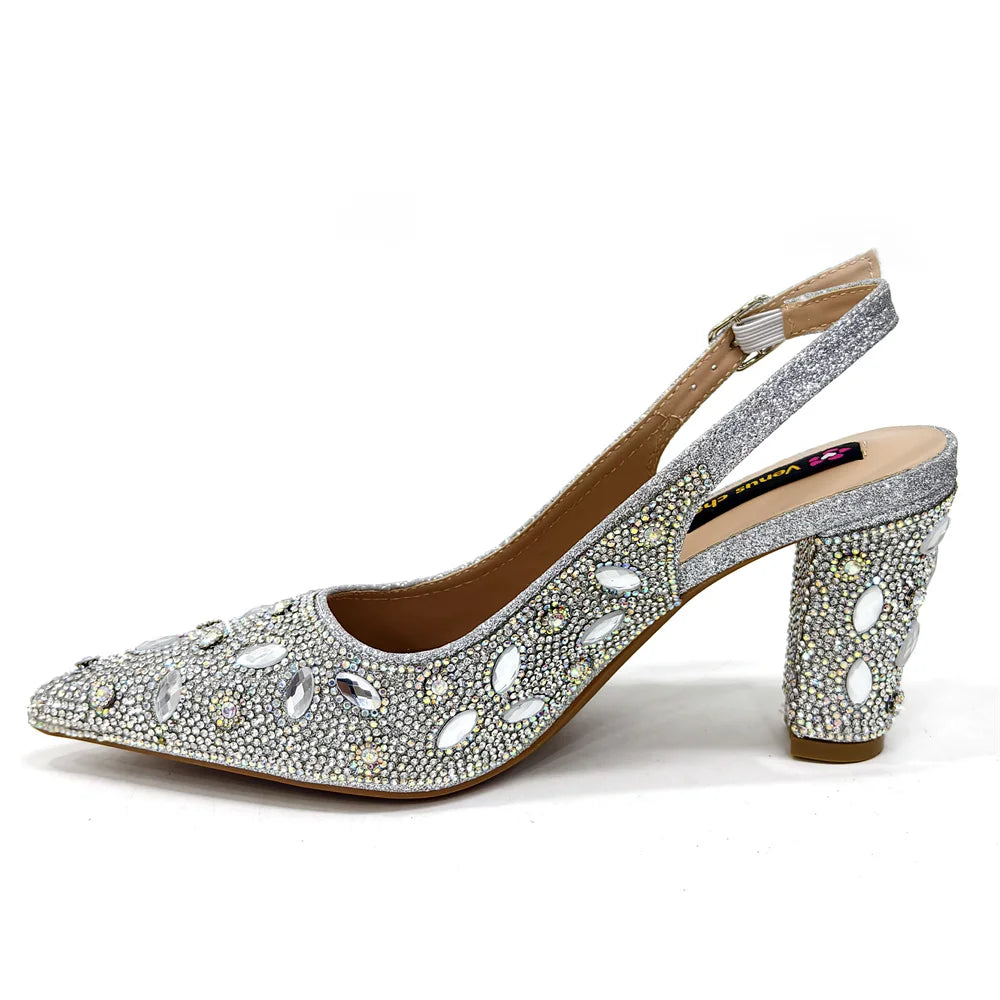 Elegant Nigerian Women's Blue Heels and Rhinestone Handbag Set - Italian Design for Weddings and Parties