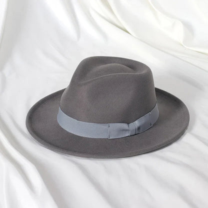 2022 New Fashion Men Fedoras Hat Women's Jazz Hat with Bow Tie Elegant Spring Black Woolen Blend Cap Outdoor Casual Felt Hat