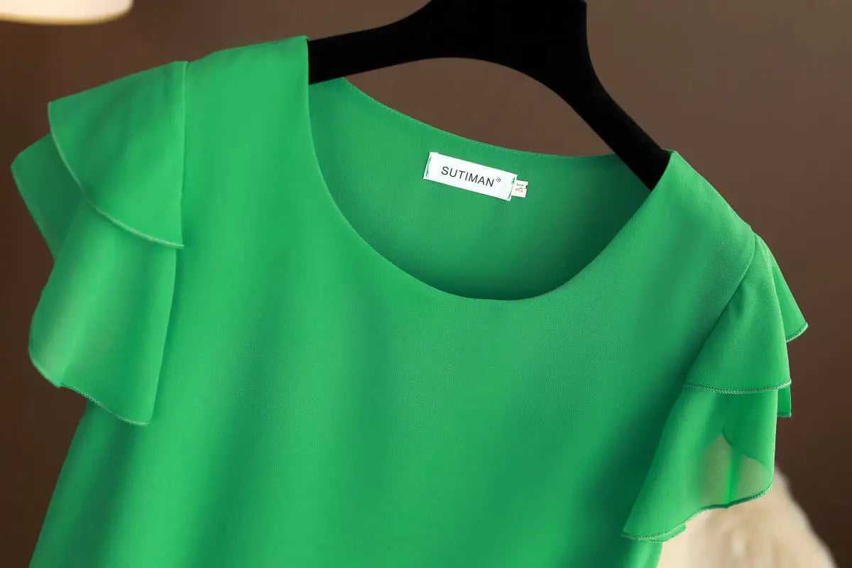 Fashion Brand Summer Oversized Loose and Thin Casual Blouse Top Short Sleeve Chiffon Top White Blouse Green Women’s Tops M-6XL
