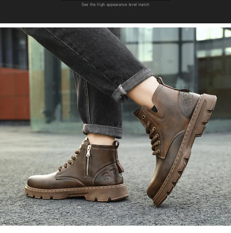 New MEN'S BOOTS with Retro Style Leather Boots, Thick Soles, Wear-resistant MEN'S High Top Casual Shoes, Side Zippers