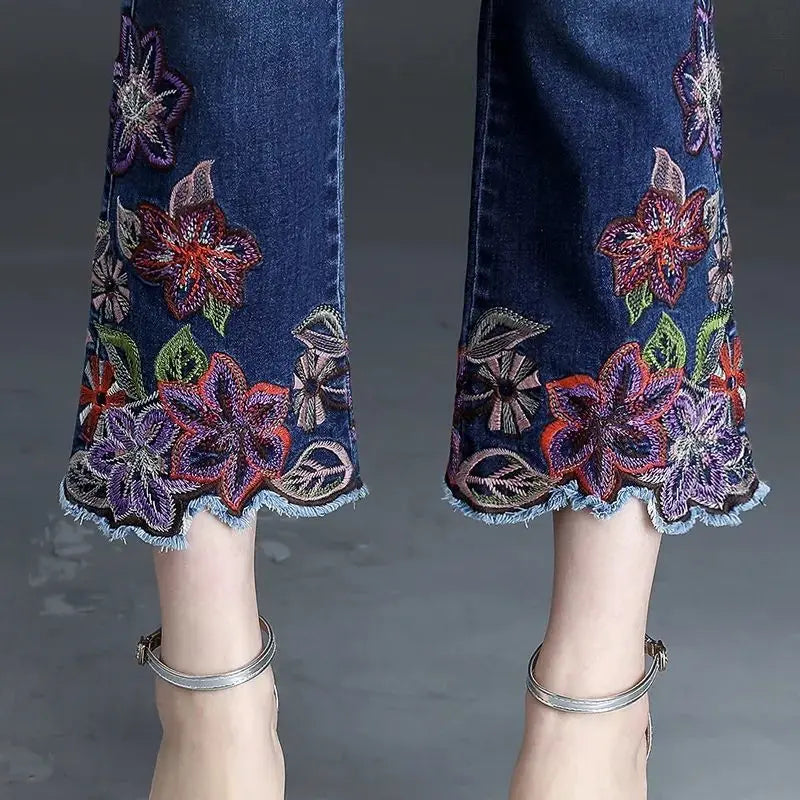 Women Embroidery Flowers Flare Jeans