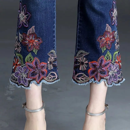 Women Embroidery Flowers Flare Jeans