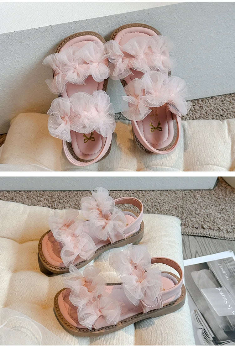 Girls' Sandals 2024 Summer New Fairy Style Princess Sandals with Mesh Bow Kids Versatile Fashion Sweet Beach Shoes for Vacation
