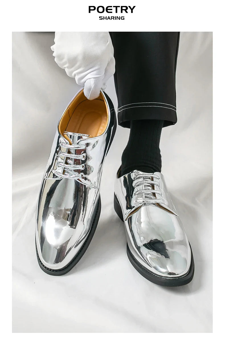 Luxury Silver Dress Shoes Man Patent Leather Shoes Large Size 50 Wedding Shoes Men Pointed toe Party Shoes Designer Formal Shoes
