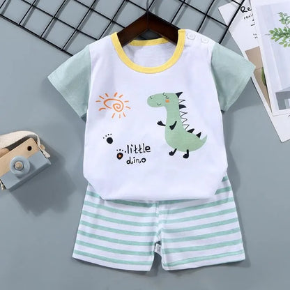 Kids Boys Short Sleeves Tees+Shorts 2-piece Clothes Set Cartoon Dinosaur Bear Summer Girls Soft Cotton Sports Casual Suit 1-6 Y