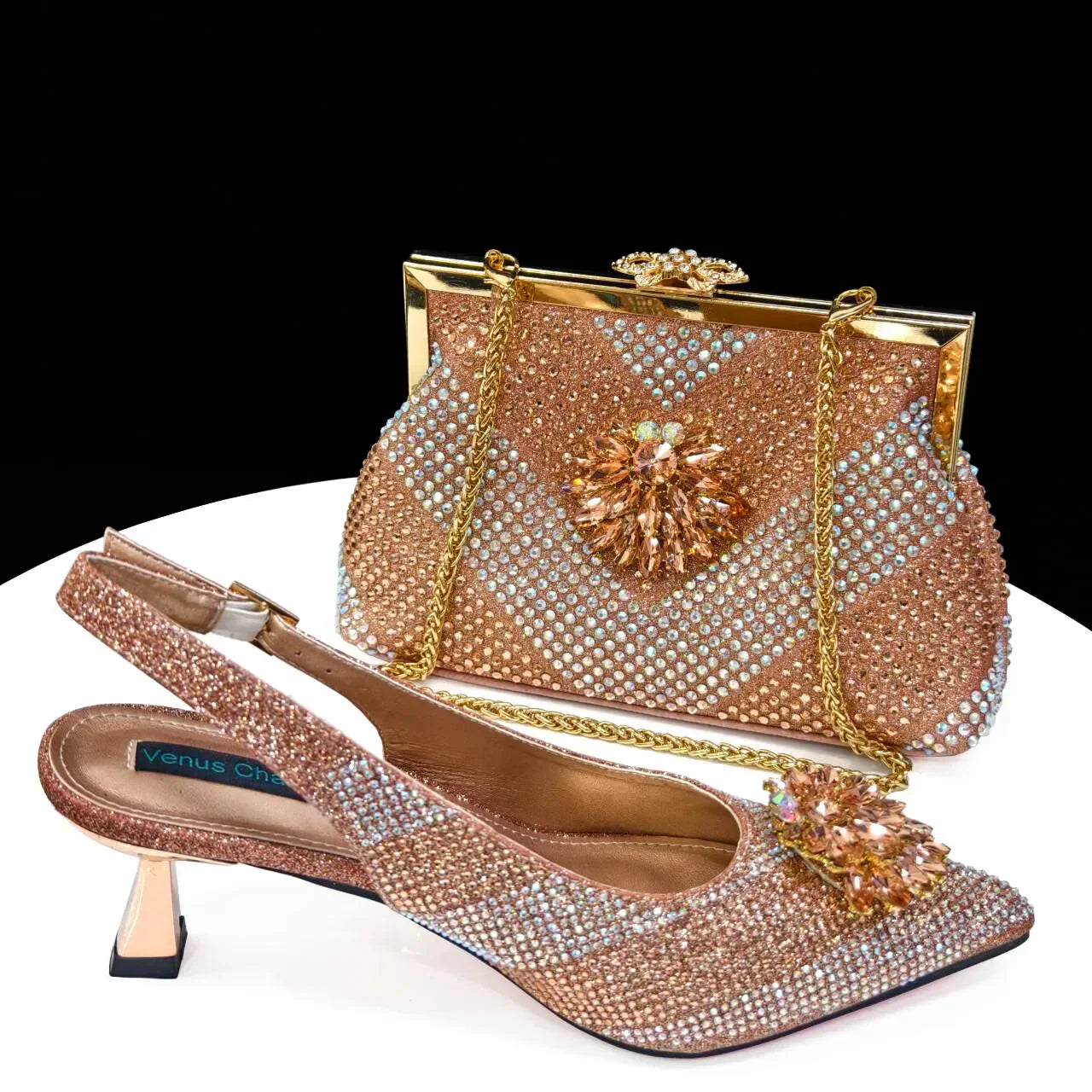Italian Design Rhinestone Luxury Wine Colour Pointed Toe Shoe & Bag Set Women's High Heels for Parties