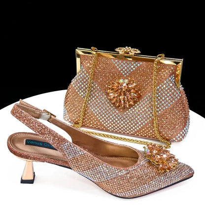 Italian Design Rhinestone Luxury Wine Colour Pointed Toe Shoe & Bag Set Women's High Heels for Parties