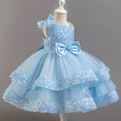 Girl's New Sequined Bow Irregular Collar Mesh Princess Dress Christmas Birthday Party Sweet and Cute Evening Dress