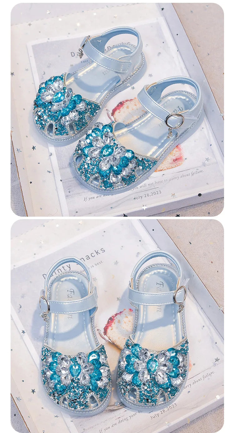 Girls Crystal Slip-On Shoes Soft Bottom Rhinestone Princess Flats Spring Autumn New Style Kids Lightweight Sweet Leather Shoes