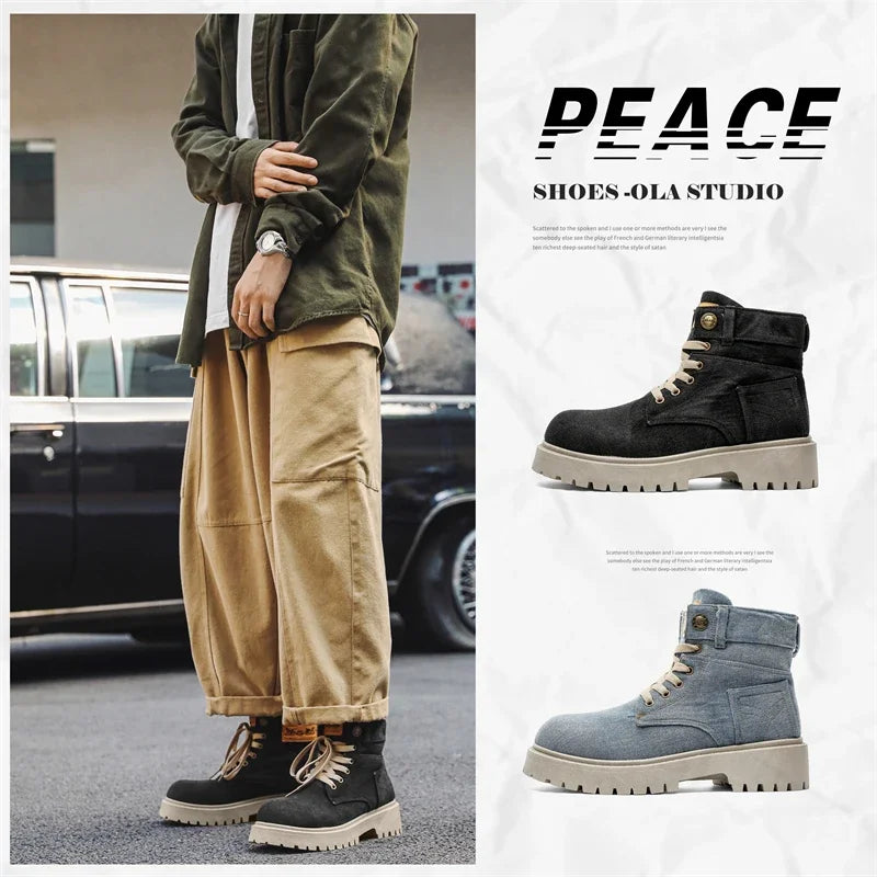 Breathable Men Boots Winter Denim Cloth Mens Ankle Boots Retro Work Boots Platform Men Casual Shoes Handmade High Top Shoes