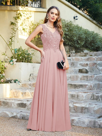 Vestido de festa de casamento em azul marinho com chiffon, renda, bordado, decote em V, cristal, sem mangas, elegante, formal, para madrinha de casamento