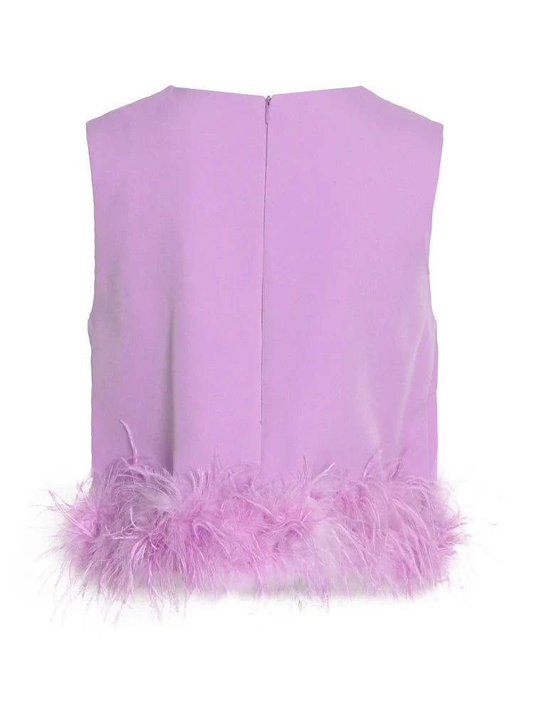 Black Patchwork Feathers Korean Fashion Shirt Top Women Round Neck Sleeveless Slim Tops Female 2021 Summer Clothing