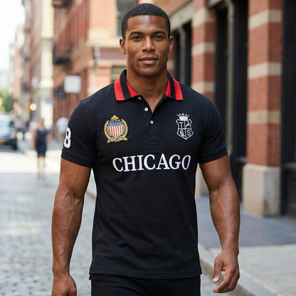 Men's polo shirt USA Chicago short sleeve Royal leisure sports party cotton embroidered with slit contrast color original
