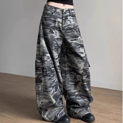 Retro Baggy Knife Edge Camouflage Denim Work Trousers