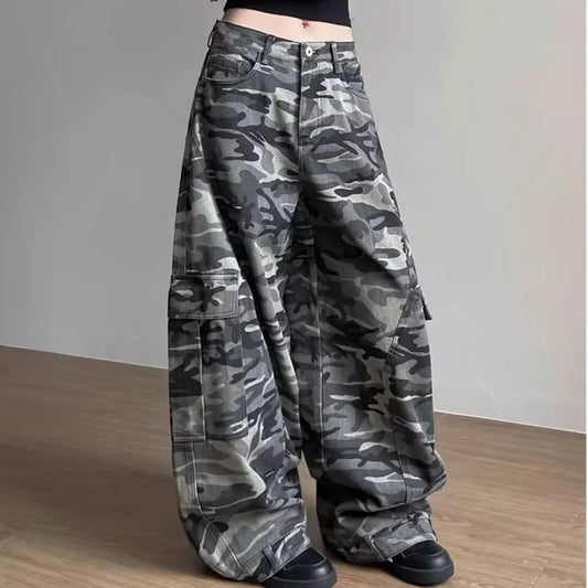Retro Baggy Knife Edge Camouflage Denim Work Trousers