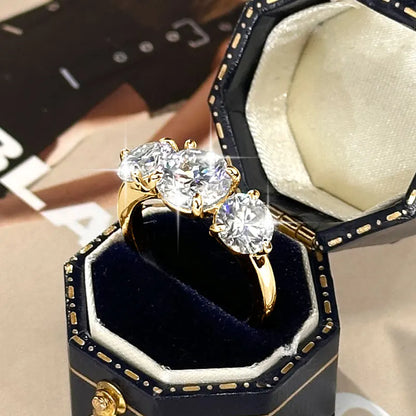 14k Gold Filled Three Stone Ring 8mm&6.5mm D Color Round Moissanite Certified Engagement Wedding Jewelry for Women Rings