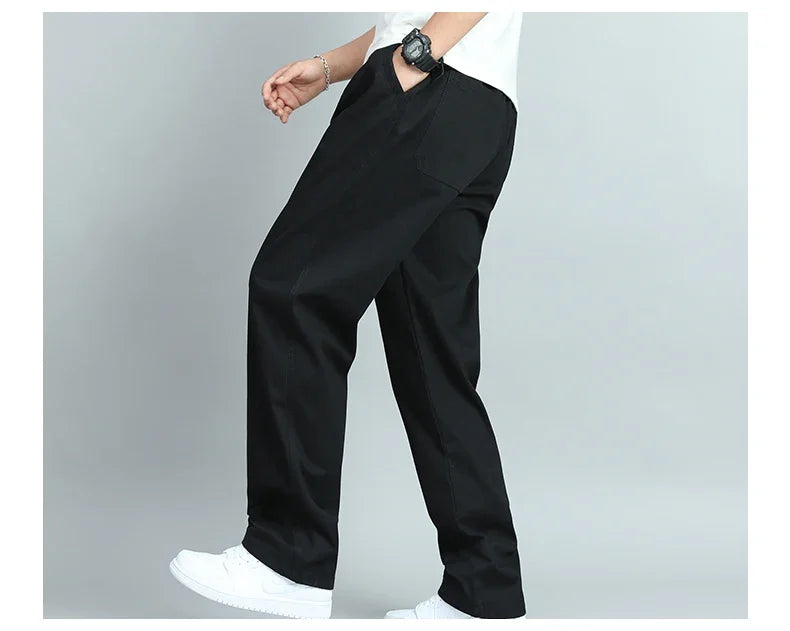 Men's 100% Cotton Cargo Pants Business Relaxed Fit Long Trousers Men Elastic Waist Drawstring Sweatpants Autumn Men Jogger Pants