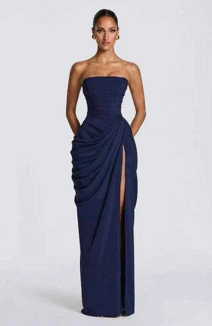 Women Sexy Solid Pleated Strapless Dress Lady Chic Off-shoulder Backless High Waist Split Dresses 2026 New Evening Party Gown
