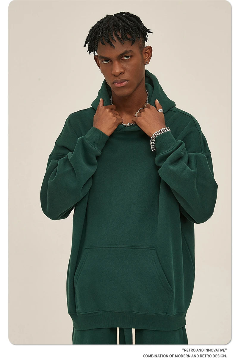 Thick 350gsm Fleece Hooded Hoodies For Men Unisex Winter Oversized Loose Basic Solid Sweatshirts Pullovers Coats HY0631