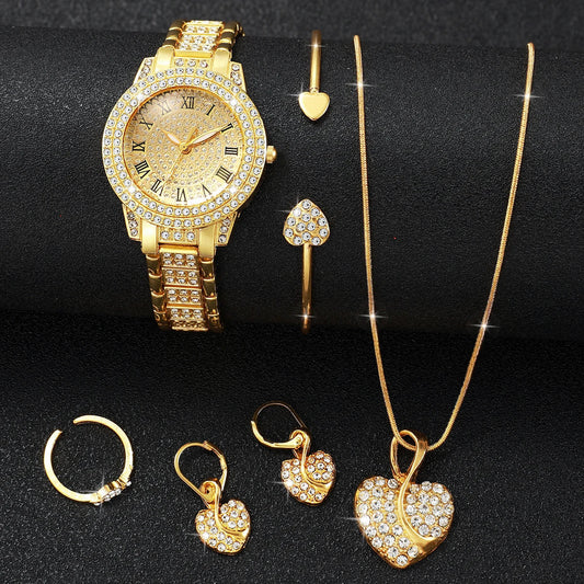 2/6PCS Luxury Diamond Women Watches Ladies Roma Dial Quartz Watch With Heart Jewelry Set Reloj Mujer (Without Box)