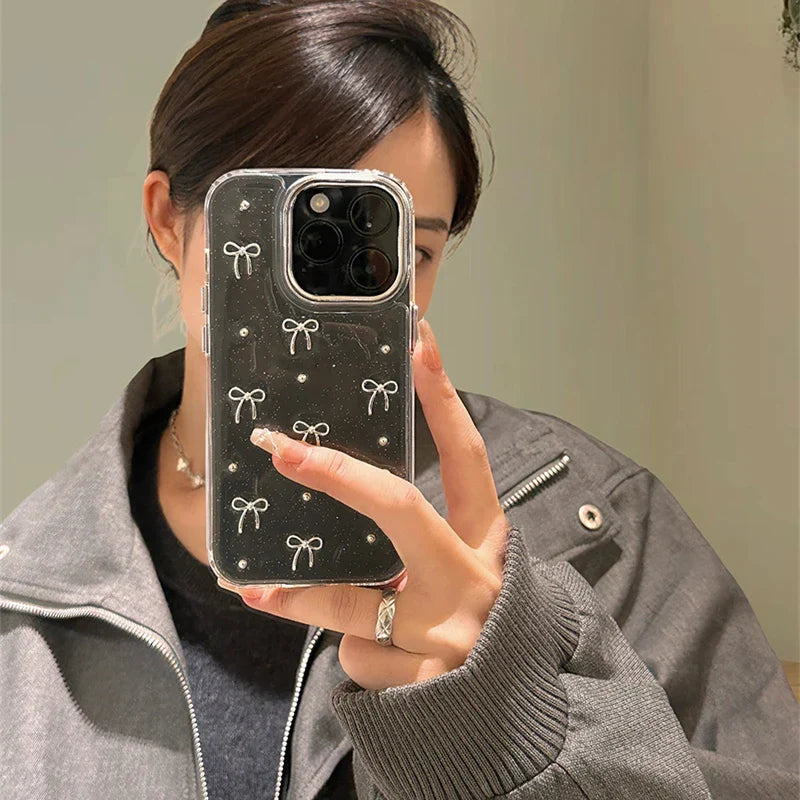 INS Korea Glitter 3D Silver Bow Beads Phone Case For iPhone 16 15 14 13 12 11 17 Pro Max 7 8 Plus X Epoxy Shell Girl Clear Cover