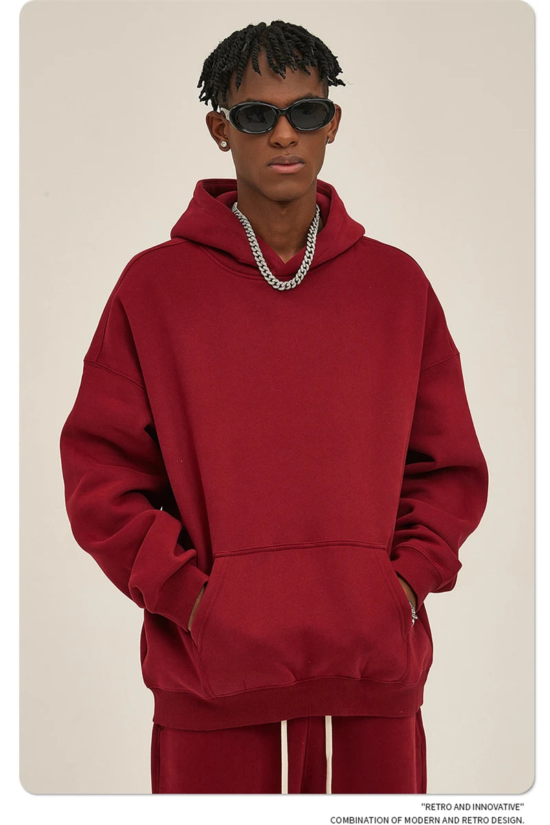 Thick 350gsm Fleece Hooded Hoodies For Men Unisex Winter Oversized Loose Basic Solid Sweatshirts Pullovers Coats HY0631