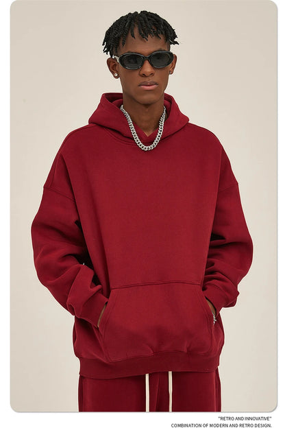 Thick 350gsm Fleece Hooded Hoodies For Men Unisex Winter Oversized Loose Basic Solid Sweatshirts Pullovers Coats HY0631